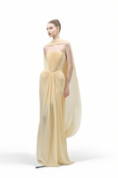 Yellow Marivelle sheath chiffon gown with floor-length design, elegant neckline, by Maison Des Copains, perfect for formal occasions.