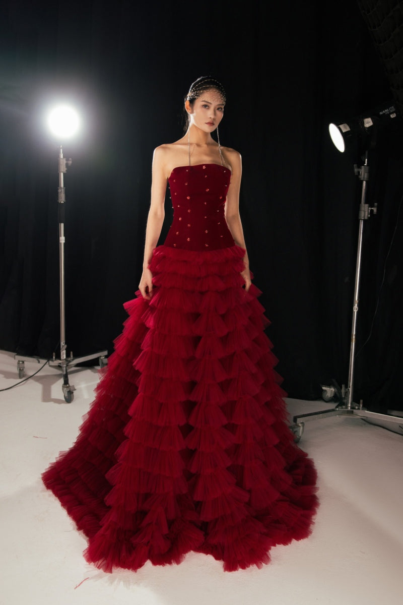 EMILY RED FIT AND FLARE STRAPLESS MESH GOWN - CULT MIA