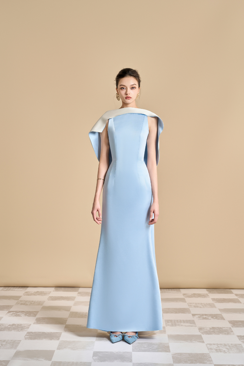 Maison Des Copains Poppy trumpet sleeveless satin gown, floor-length dress with a flowing silhouette and elegant design.