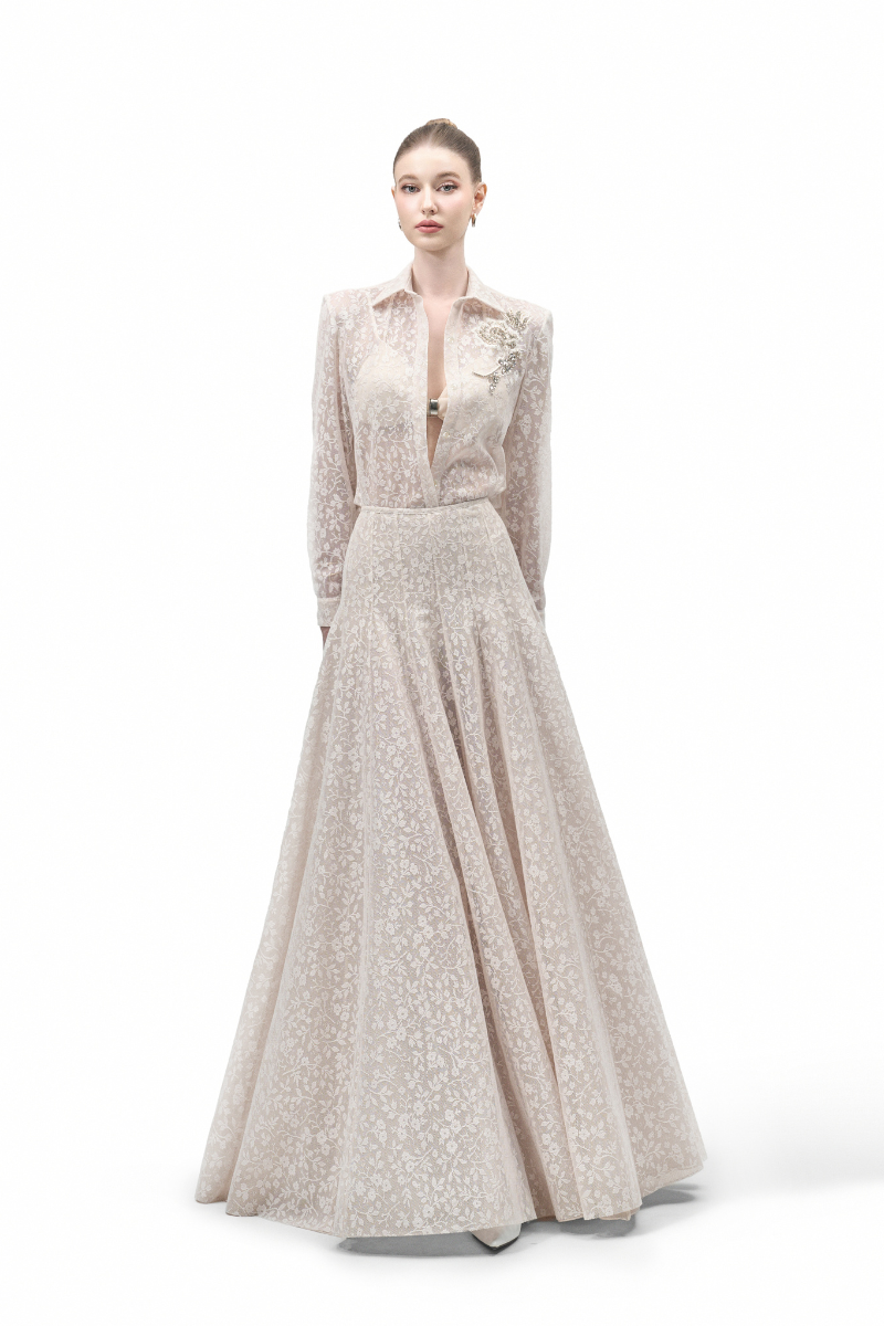 Maison Des Copains LUMINARA high waist lace maxi skirt with A-line, floor-length design, showcasing elegant detail and flowing fabric.