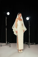 Beige straight long gown with matching headscarf from Happy Clothing, featuring a modest, elegant design and smooth fabric.
