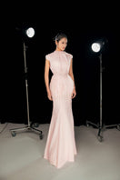 Pink organza strapless layered maxi gown by Happy Clothing, featuring a flowing, elegant design with a fitted bodice and full skirt.