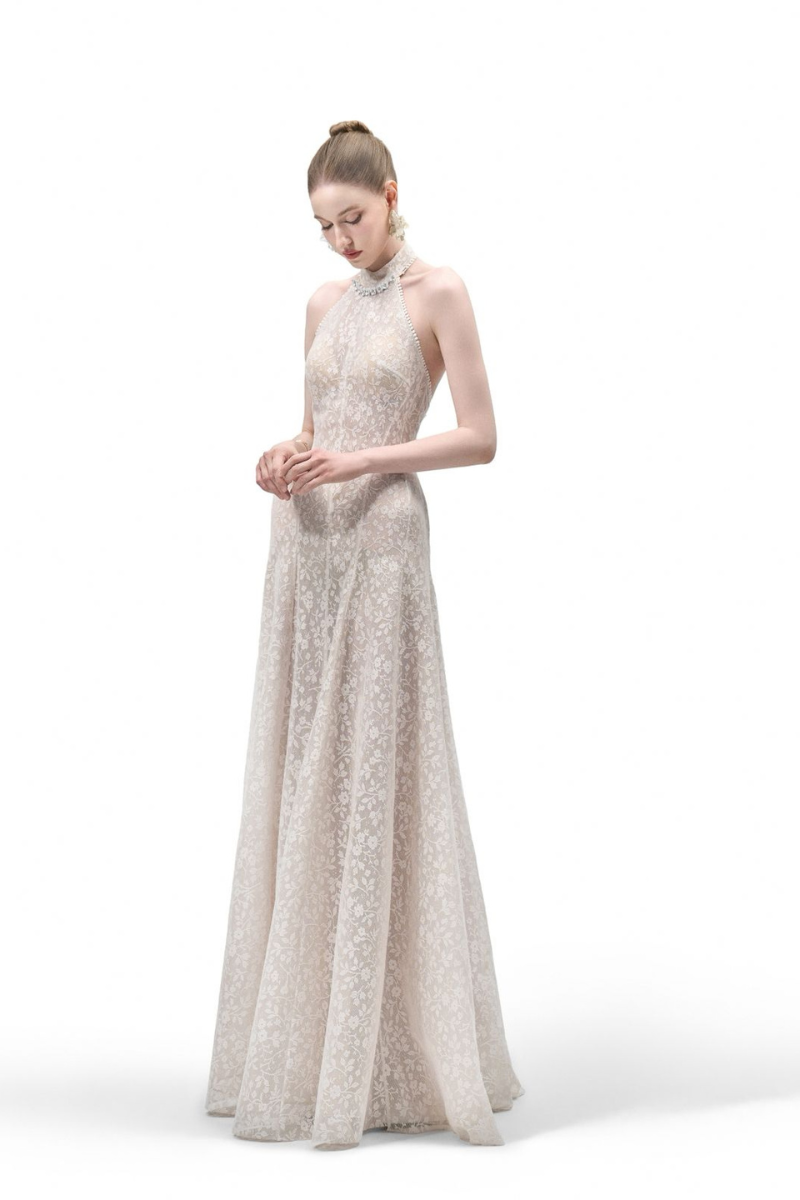AURELIA A-LINE HALTER NECK LACK FLOOR LENGTH DRESS | CULT MIA AURELIA A-LINE HALTER NECK LACK FLOOR LENGTH DRESS | CULT MIA