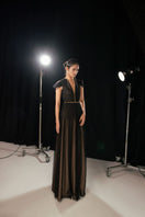 Black pleated puffy-sleeved mesh maxi dress by Happy Clothing, flowing design with elegant pleats and voluminous sleeves.