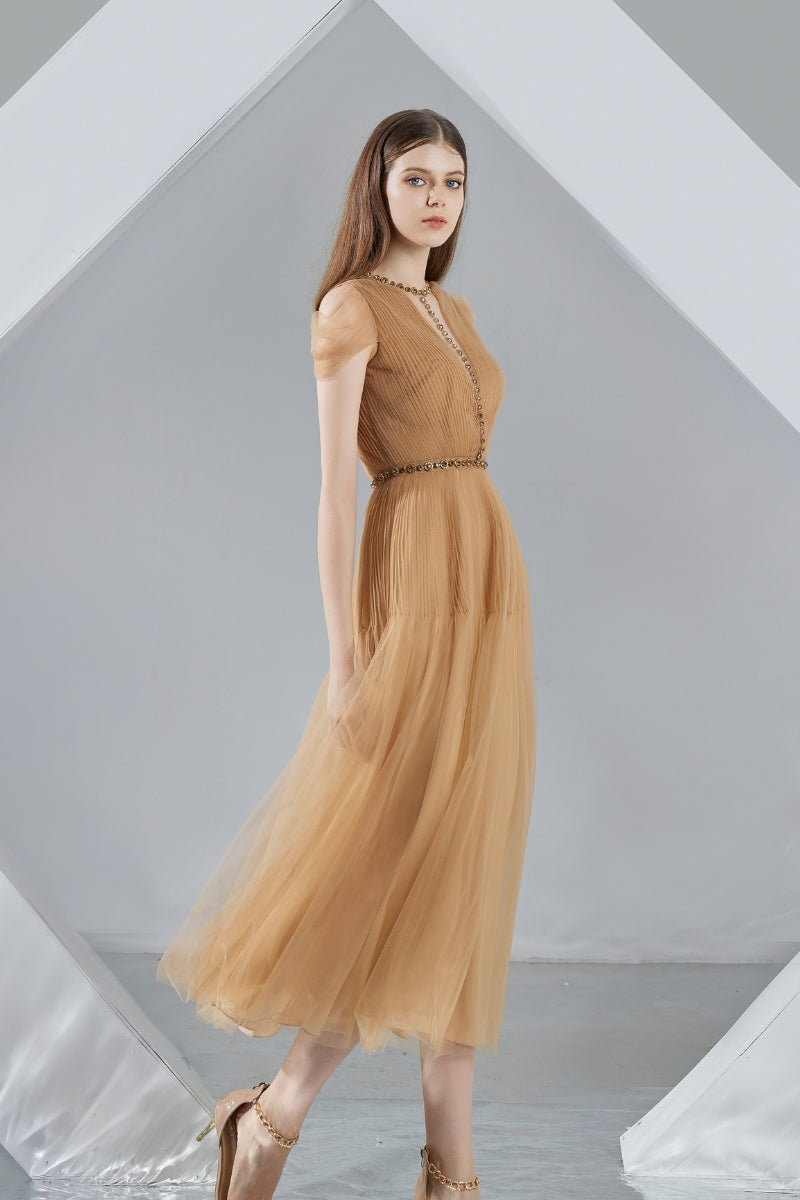 FLORENCE BROWN PLEATED MESH MIDI DRESS | CULT MIA | HAPPY CLOTHING FLORENCE BROWN PLEATED MESH MIDI DRESS | CULT MIA | HAPPY CLOTHING
