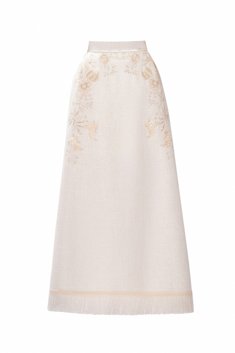 Maison Des Copains LONDYN embroidered A-line midi skirt with ankle length, featuring intricate embroidery and flowing fabric.