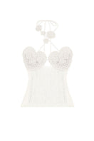 Off-white crochet bustier top from MS. Heart Floral collection by Stolen Stores, featuring intricate floral crochet details.
