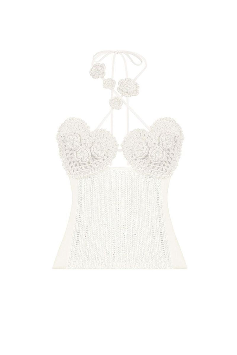 Off-white crochet bustier top from MS. Heart Floral collection by Stolen Stores, featuring intricate floral crochet details.