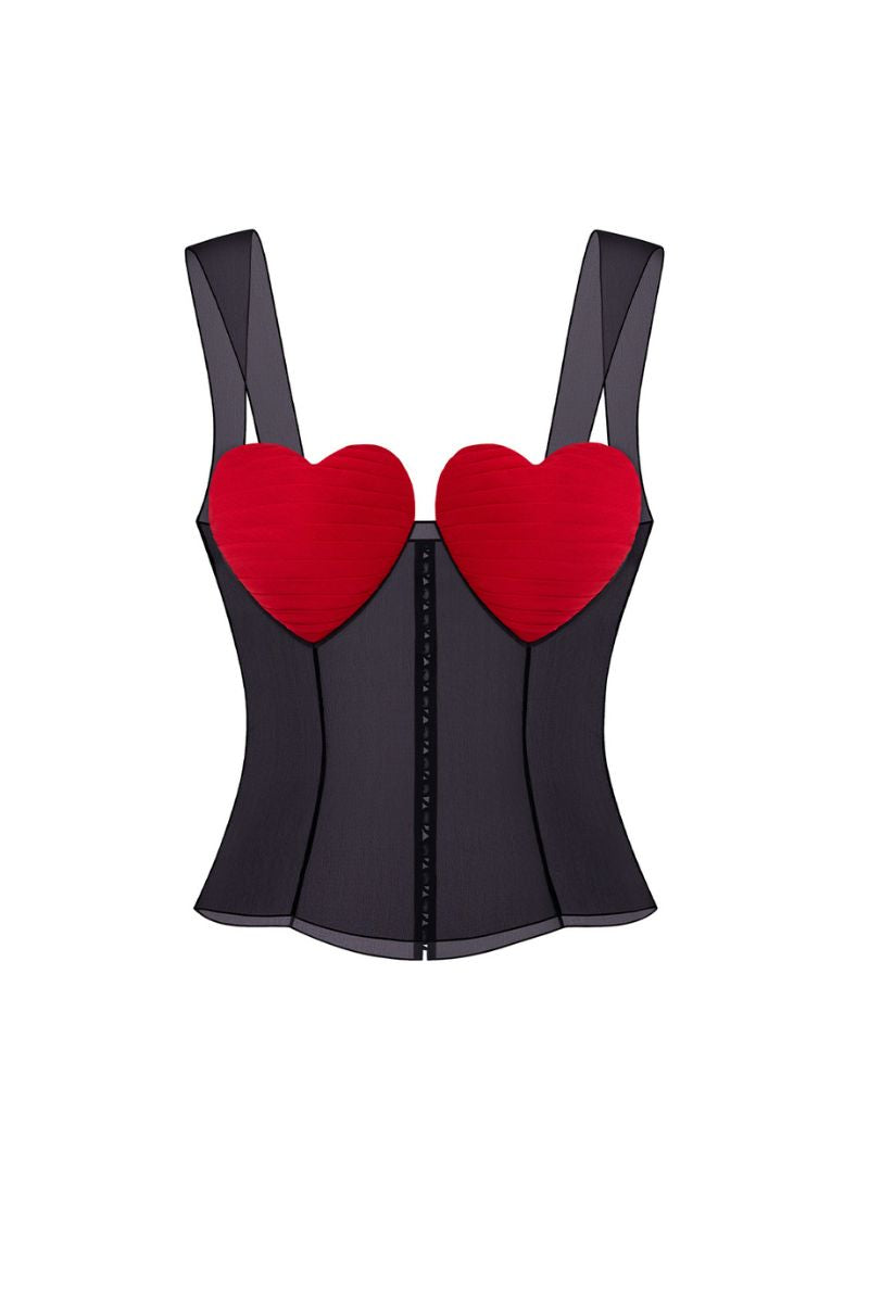 Red and black bustier top from Stolen Stores' MS. Heart collection, featuring a fitted design and stylish details.