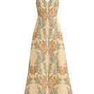 Rebecca Taylor CLEO printed maxi dress in buttercream with a colorful, floral pattern, flowing fabric, and elegant design.