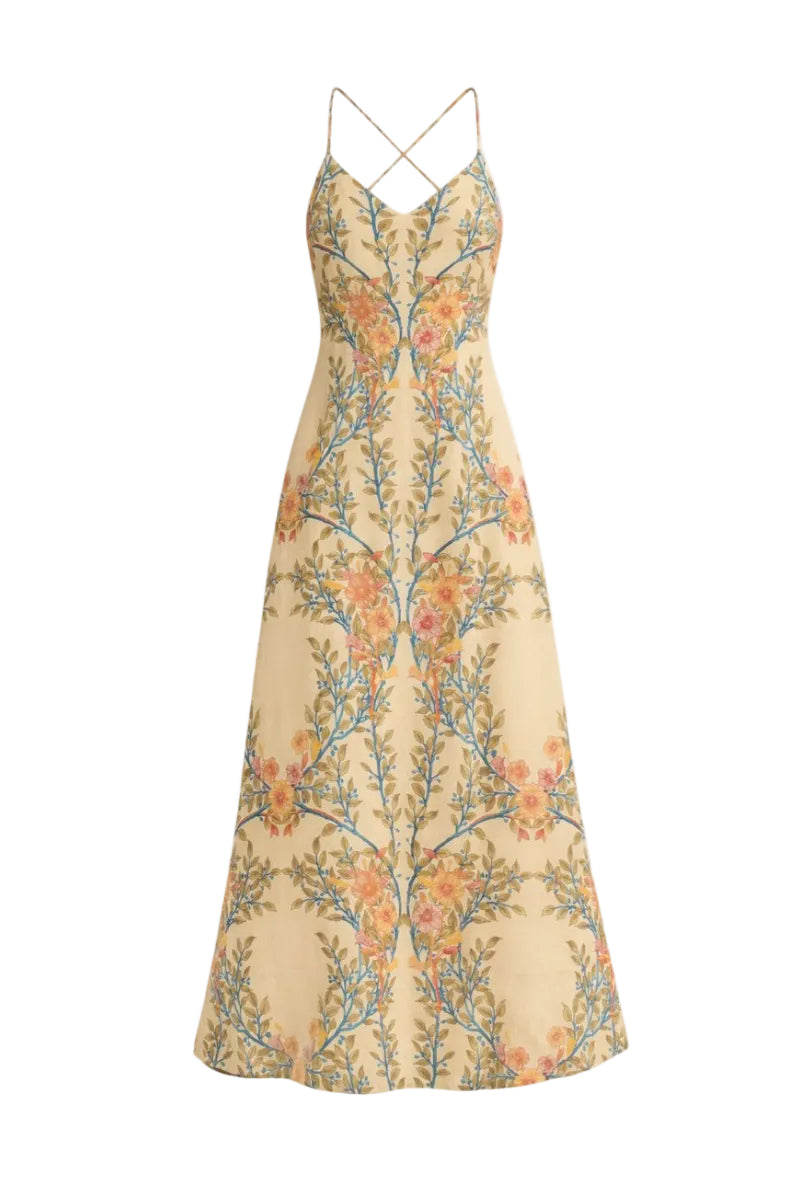 Rebecca Taylor CLEO printed maxi dress in buttercream multi featuring a flowy silhouette and vibrant floral patterns.
