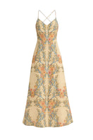 Rebecca Taylor CLEO printed maxi dress in buttercream with a colorful, floral pattern, flowing fabric, and elegant design.