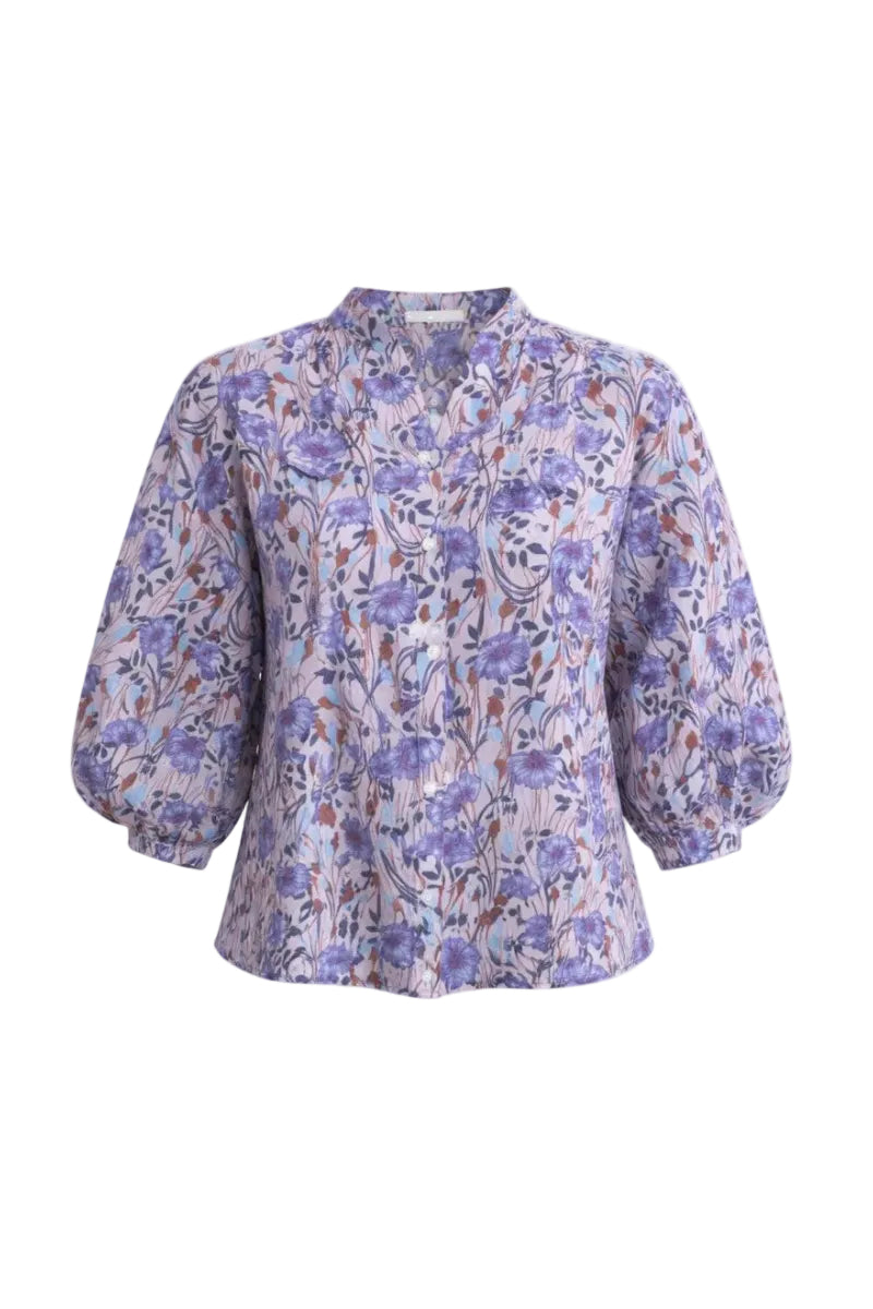 Rebecca Taylor Daphne blouse in iris multi, featuring a colorful, patterned tops design with long sleeves and a relaxed fit.