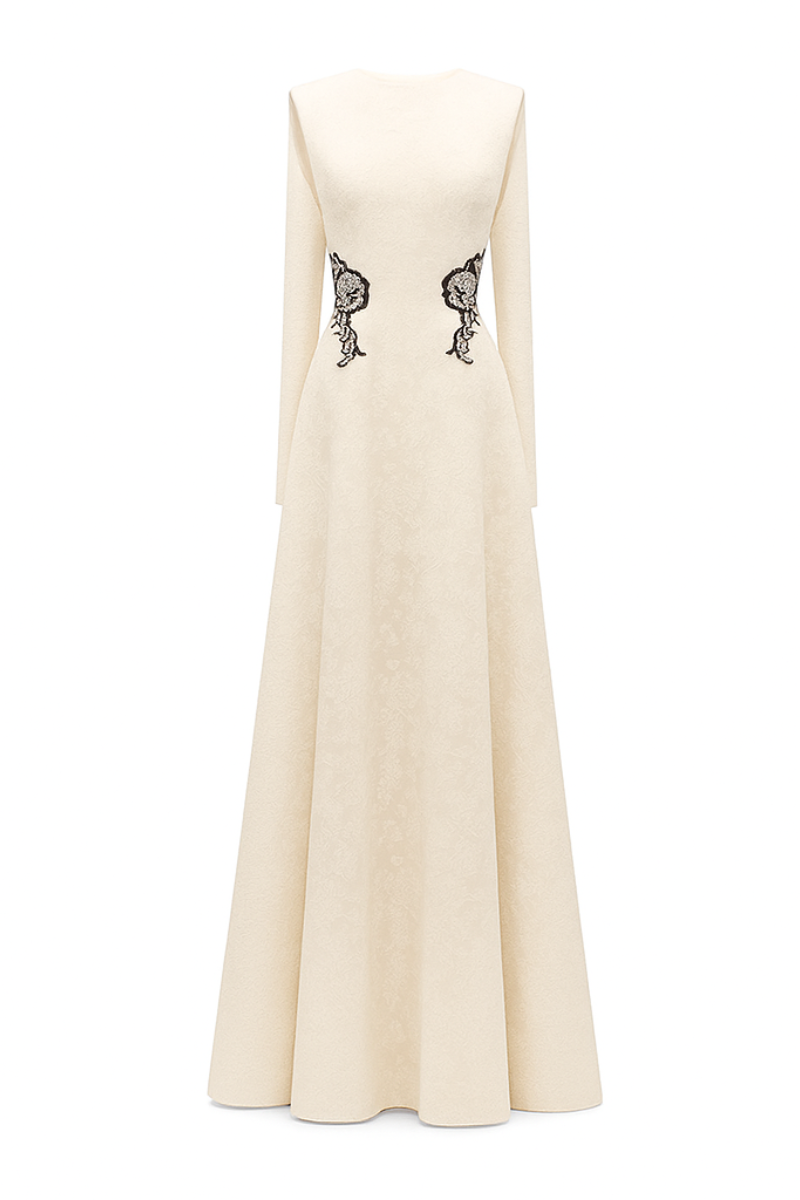 CELESTINE A-LINE COLD SHOULDER SLEEVED LACE FLOOR LENGTH DRESS