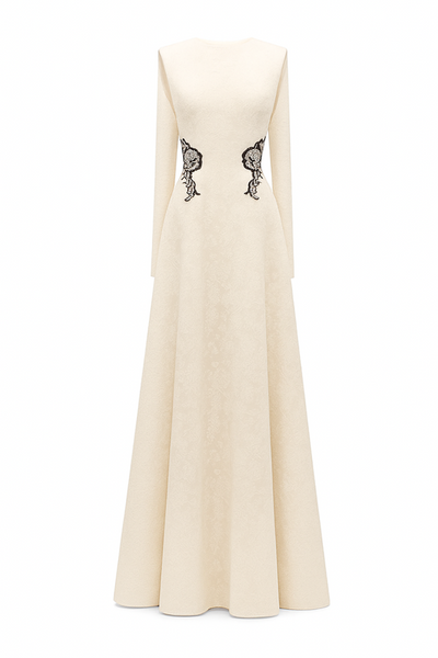 CELESTINE A-LINE COLD SHOULDER SLEEVED LACE FLOOR LENGTH DRESS