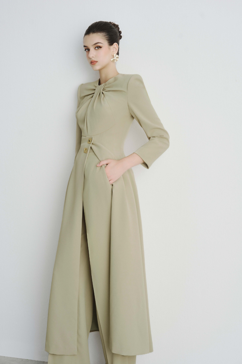 Maison Des Copains Helen slit square shoulder long-length shirt, stylish long top with a slit design and square neckline.