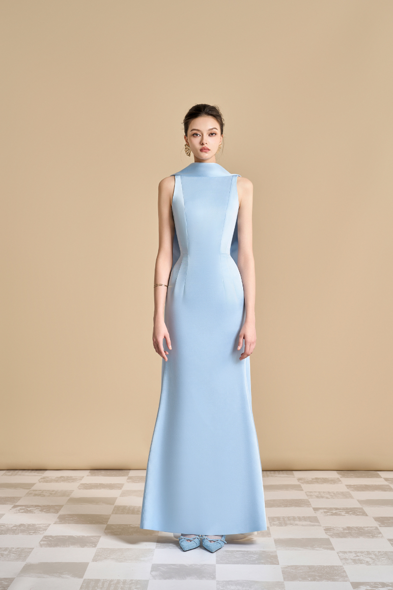 POPPY TRUMPET SLEEVELESS SATIN FLOOR LENGTH DRESS - CULT MIA