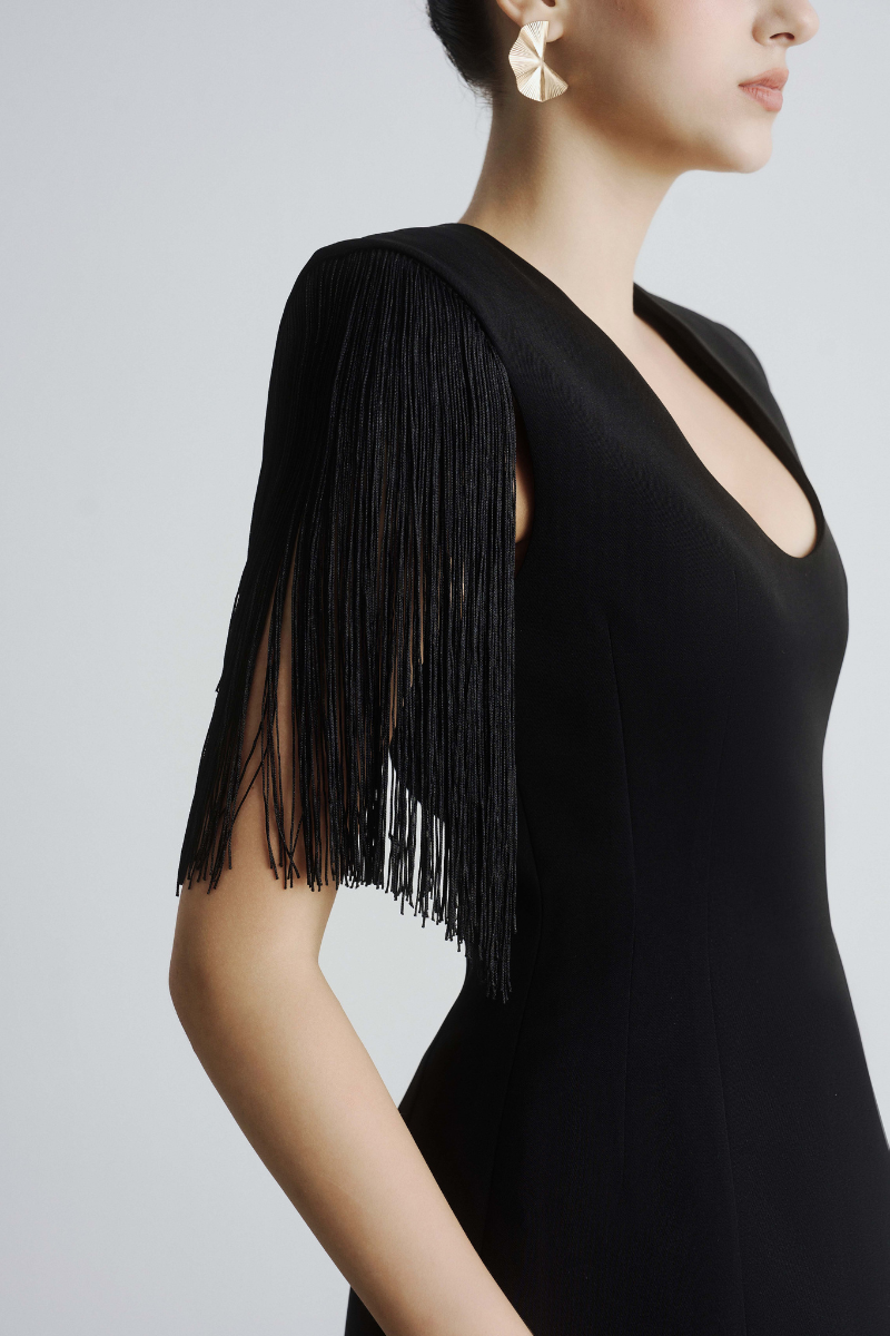 Maison Des Copains Presley Sheath Mini Dress with scoop neck, fitted silhouette, and stylish design, shown in a close-up view.