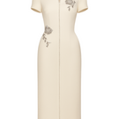Maison Des Copains Elysia sheath gown with mandarin collar in crepe, calf-length dress featuring a sleek, elegant design.