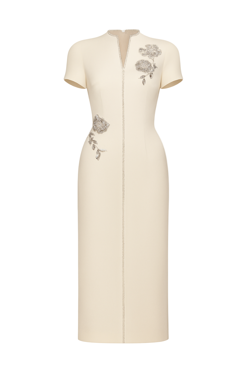 ELYSIA SHEATH MANDARIN COLLAR CREPE CALF LENGTH DRESS