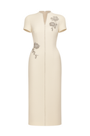 Maison Des Copains Elysia sheath gown with mandarin collar in crepe, calf-length dress featuring a sleek, elegant design.