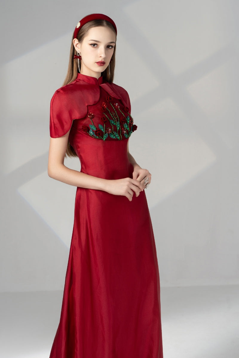 Elegant Brianna sheath silk organza maxi ao dai with matching pants by Happy Clothing, featuring flowing fabric and intricate details.