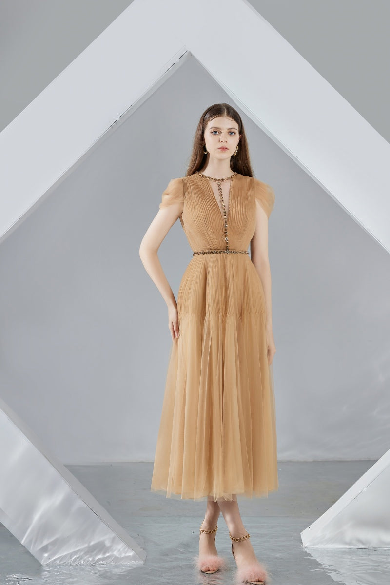 FLORENCE BROWN PLEATED MESH MIDI DRESS - CULT MIA