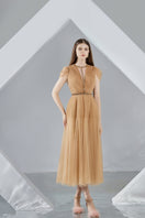 Brown pleated mesh midi dress from Happy Clothing's Florence collection, featuring a flowing, elegant design.