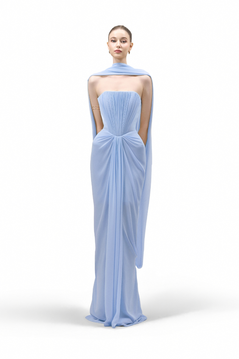 BLUE MARIVELLE SHEATH SCARF NECK CHIFFON FLOOR LENGTH DRESS