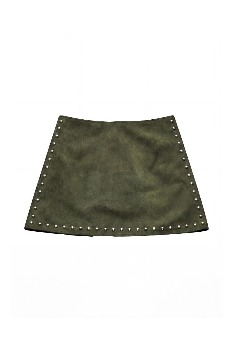ZUT Tellier olive green mini skirt with a fitted waist and stylish design, shown on a model.