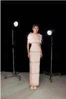 Pink sparkling organza maxi gown by Happy Clothing featuring a flowing, elegant design with shimmering fabric and intricate details.