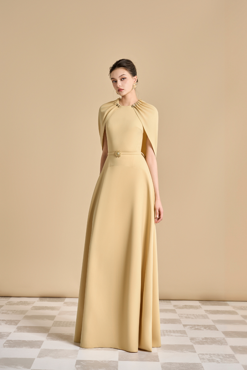 JASMINE A-LINE CAPE SLEEVED FLOOR LENGTH DRESS - CULT MIA