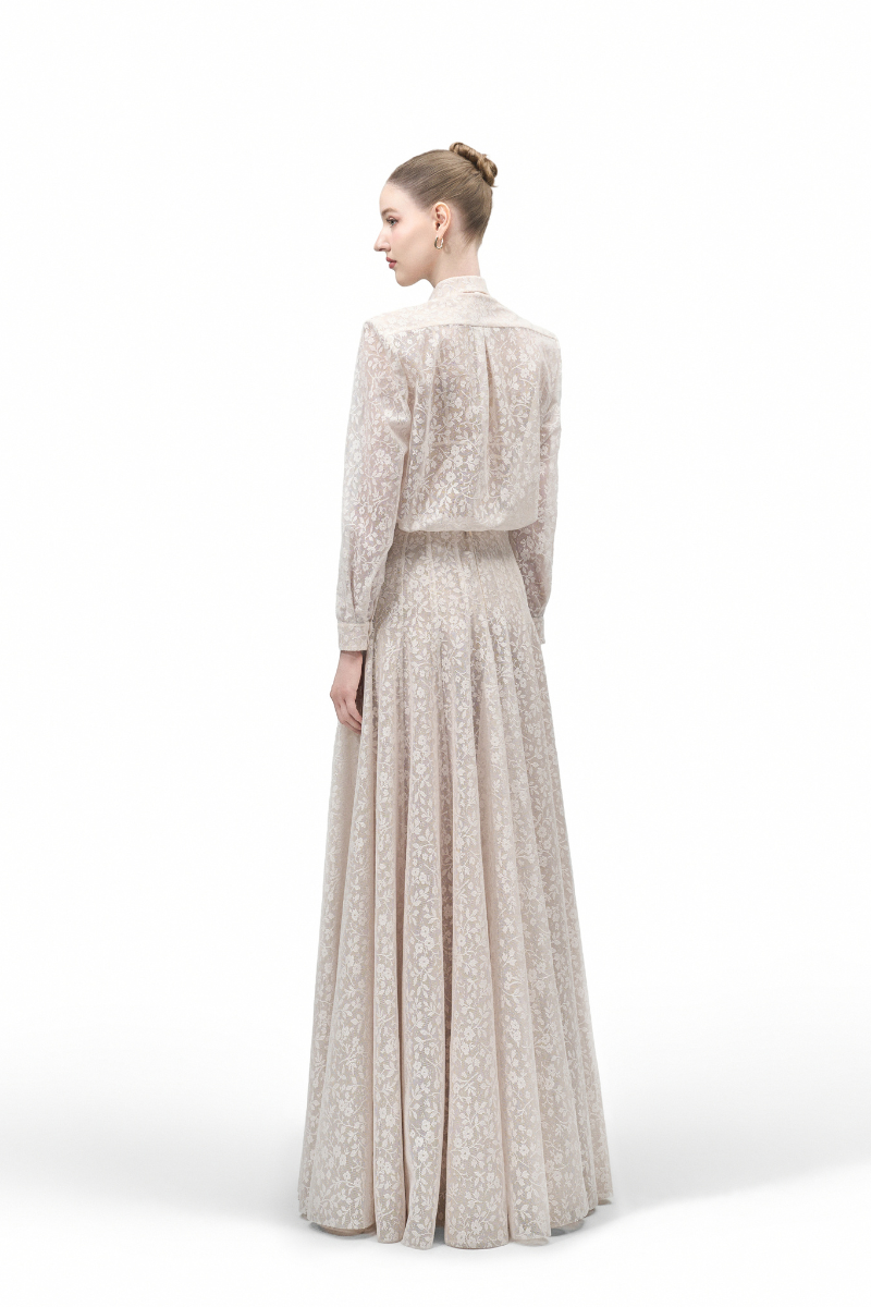 Maison Des Copains Luminara A-line high waist lace maxi skirt, floor-length with elegant lace detailing and a flowing silhouette.