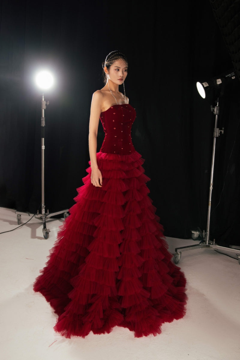 EMILY RED FIT AND FLARE STRAPLESS MESH GOWN - CULT MIA