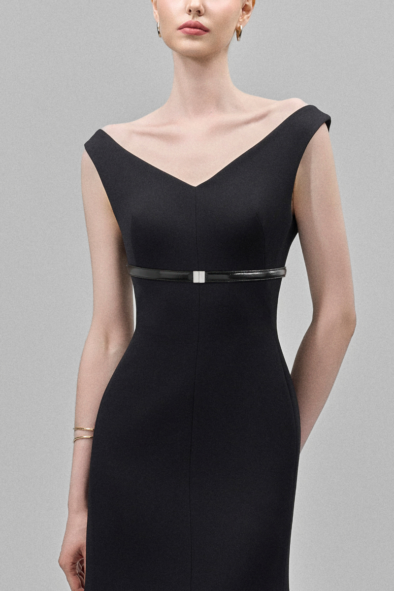 BLACK ISMERA SHEATH OFF SHOULDER CREPE CALF LENGTH DRESS