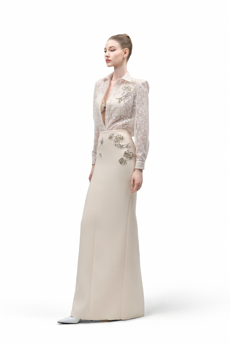 Maison Des Copains Vionne straight bead crepe maxi skirt with a floor-length design and elegant bead detailing.