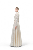 Maison Des Copains celestial blue A-line gown with cold shoulder lace sleeves, floor-length design, elegant and flowing.