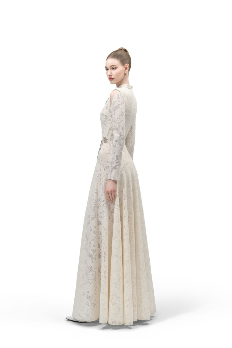 Maison Des Copains celestial blue A-line gown with cold shoulder lace sleeves, floor-length design, elegant and flowing.