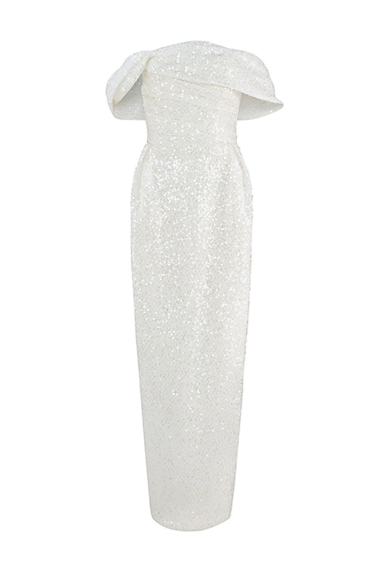 فستان عاجي مكشوف الكتفين مزين بالترتر