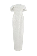 Ivory off-shoulder drape gown with sequins by HACCHIC COUTURE, featuring elegant design and flowing fabric.
