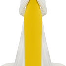 Yellow and white off-shoulder gown by CEM featuring a flowing design and elegant off-the-shoulder style.