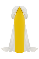 Yellow and white off-shoulder gown by CEM featuring a flowing design and elegant off-the-shoulder style.
