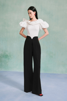 LECIA V-WAIST velvet crepe pants in deep color, featuring a high waist and tailored fit, shown on a model.