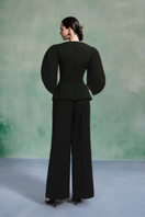 LECIA Calla Sleeves Crepe Top shown in black with puffed sleeves and a fitted silhouette, stylish women's casual top.