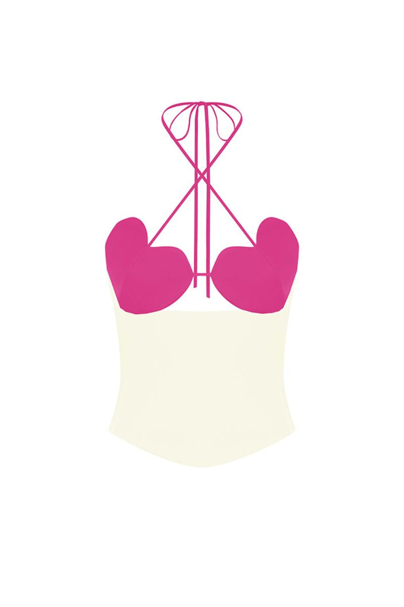 Hot pink and beige bustier top by Stolen Stores featuring a fitted design and stylish strapless style.