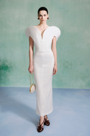 Lecia petal-shoulder gown featuring elegant floral details and flowing fabric, perfect for formal occasions.