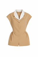 Leicia mocha peplum top featuring a fitted bodice and flared hem, stylish and versatile for casual or dressy outfits.
