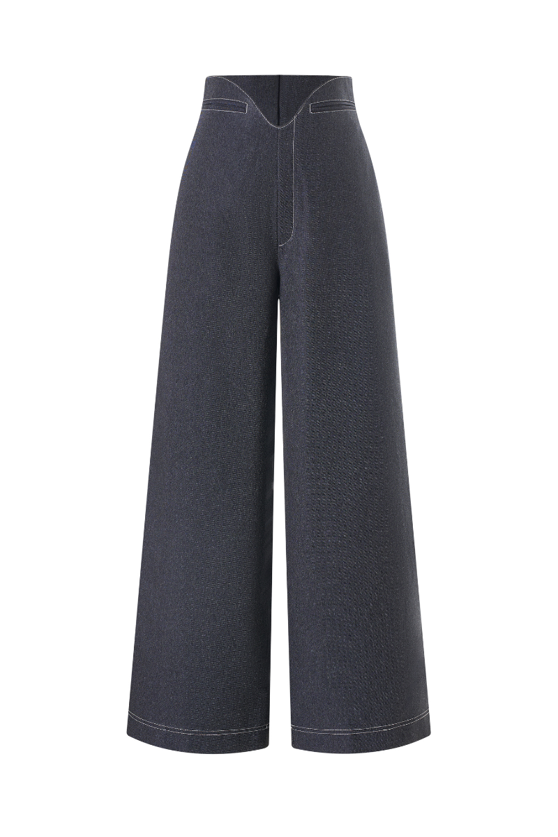 Light blue cotton denim pants by Levia featuring a relaxed fit and classic five-pocket design.
