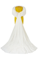 Yellow and white off-shoulder gown by CEM featuring elegant train and flowing fabric, perfect for formal occasions.