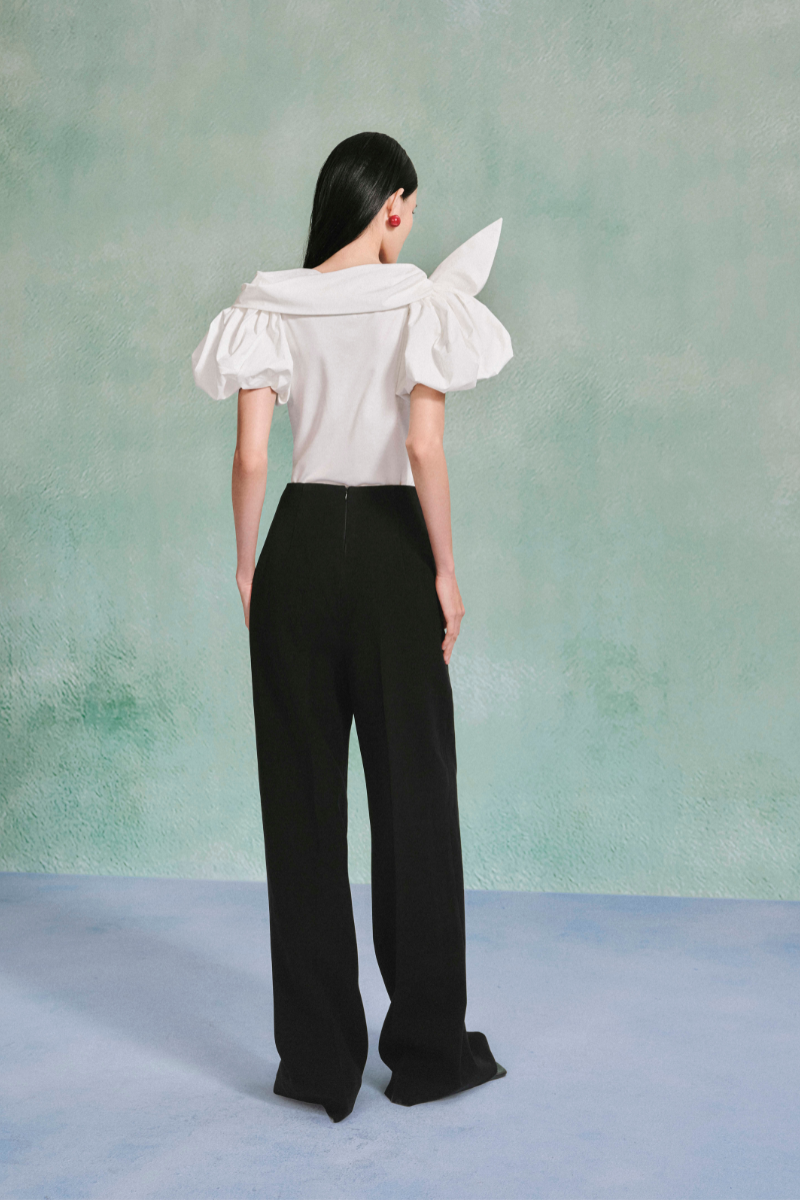 Lecia V-Waist velvet crepe pants in deep burgundy, featuring a high waist and tailored fit, displayed on a white background.